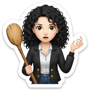 Hey, please generate me an emoji that depicts a woman white skin long black curly disheveled hair slightly thicker, she is wearing a white T-shirt and a black unbuttoned jacket she is furious she is holding a large stick sticker