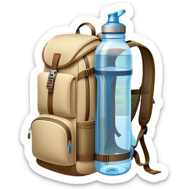 Icon for Ecotourism: a lightweight hiking backpack with a reusable water bottle, placed against a backdrop of lush green nature, with trees and a scenic trail. The icon should represent eco-friendly travel and the beauty of the outdoors. Transparent background. sticker