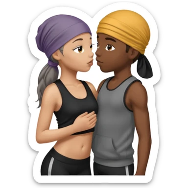 A girl with dark brown hair, light skin and blue wear black leggings and a black tank top kissing a boy with dark skin and a grey tracksuit wearing a du rag  sticker