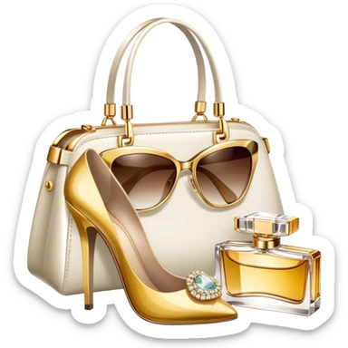 A photorealistic icon featuring luxurious fashion accessories like a high-end handbag, elegant high heels, a sparkling diamond necklace and a stylish pair of sunglasses. The design includes gold accents, purfume, and glamorous textures, fashion, and VIP luxury. Transparent background sticker