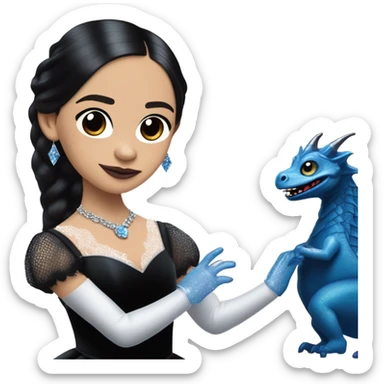 relaxed low-cut back silky black evening ball gown with lace gloves, Jenna Ortega as Wednesday Addams wearing a mini diamond tiara showing off blood blue cute horned old dragon hand-puppet sticker