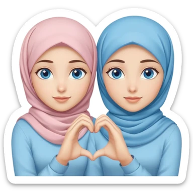 Turkish beautiful finish Konya two girls blue eyes with pastel hijab and making love heart with hand gesture sticker