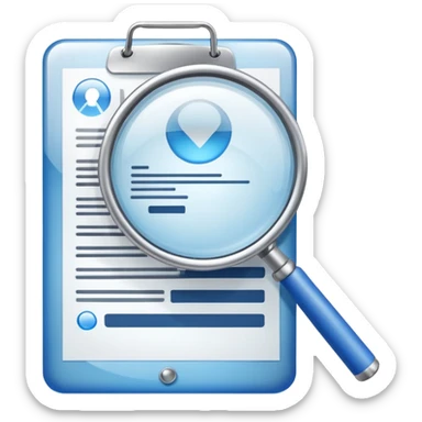 create a realistic emoji showing a logistic contract with a magnifying glass with color blue and white glassy style no gold, only gray sticker