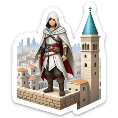 An icon representing an adventure game, inspired by Assassin's Creed. The design features a heroic character in hooded attire, scaling a tall building in a historical cityscape. The background shows ancient architecture and hidden symbols, symbolizing exploration and stealth. Transparent background  sticker