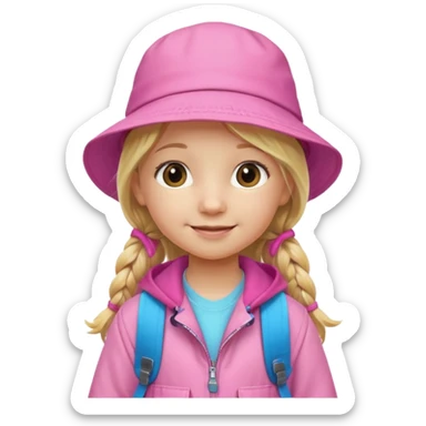 Little girl kid student, long braid blonde, wears pink bucket hat and jacket, backpack, happy sticker