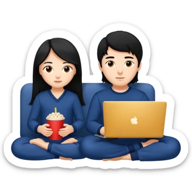 black haired boy and long haired girl in navy blue pajamas , watching movie on laptop sticker