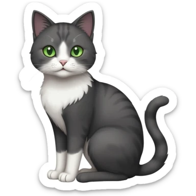 full body view of beautiful female solid dark grey cat with green eyes, white toes/paws and white patch on her chest sticker