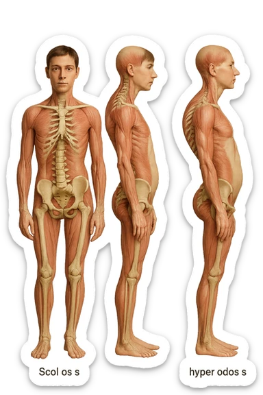 fai un immagine identica che riguarda 3 posture scorrette: scoliosi, ipercifosi e iperlordosi. falla iperrealistica anatomica in 4k con spina dorsale storta in evidenza su ogni figura sticker