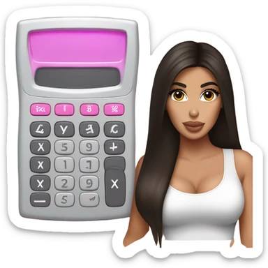 Hyper realistic kim kardashian with straight brown hair holding a small pink calculator sticker