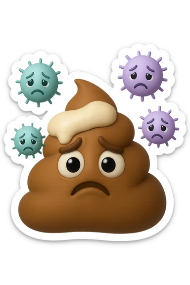 emoji stile iphone 3d di una cacca con muco bianco sopra, dietro cui fluttuano batteri intestinali tristi, iperrealistiche 4k sticker