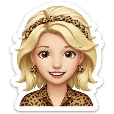 Une fille blonde et joyeuse. Elle porte une coiffure rock et originale avec des pinces pour cheveux  léopard et motif peau de vache. sticker
