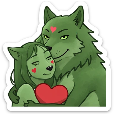 Black curly hair white skin girl hugging one big wolf with hearts above them sticker