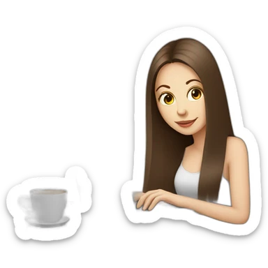 woman with long straight brown hair and pale skin using a laptop as a tray for a coffee mug sticker