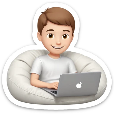 3D head of a smiling boy sitting on a bean bag and typing on a laptop. Head slowly rotates in a circle. he is wearing a white shirt. "RADMAN" is written on the base. Cozy interior light, front view, seamless circle sticker