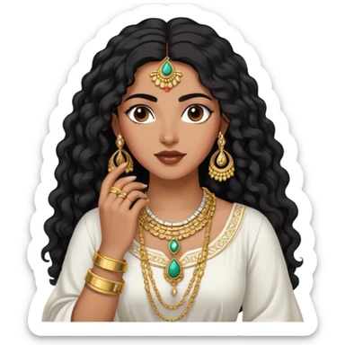 The Palestinian woman, she had long curly black hair and well defined eyebrows wears a white traditional dress. Her accessories steal the spotlight—intricately designed gold bangles, statement rings, and layered necklaces—each piece exuding heritage and craftsmanship.  sticker