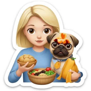 haz una chica rubia dandole comida a su perro pug sticker