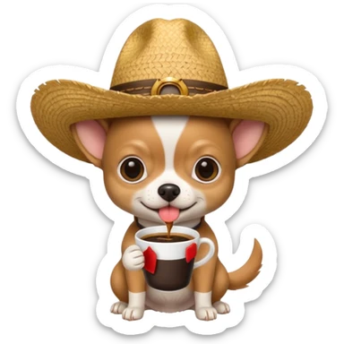 Chihuahua negro con cafe con sombrero de paja sticker
