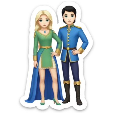 prince, standing upright, black Hair, blue eyes, garment,  woman, bending knee, White sleveless dress, blonde hair, green eyes, sticker