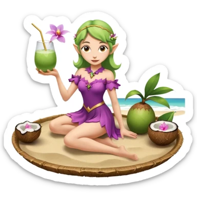 female elf in orchid-petal dress, balancing coconut drink tray. Barefoot on sand sticker