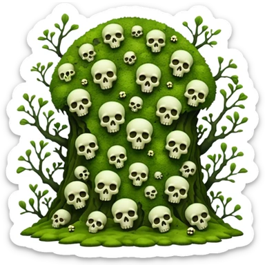A creepy moss covered ground with skulls from a top down perspective. In the style of your bleeding skull art. In a realistic style covering the whole screen with little tint skulls. No border, all moss sticker