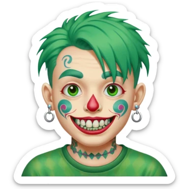 very colorful puffy green haired man made out of candy wearing teeth-braces and excessive face tattoos and excessive piercing just face  sticker