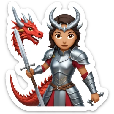 Fierce Latina in armor with a sword in a losing battle with a dragon sticker