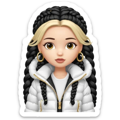 generate a pretty bratz girl with a WHITE puffer jacket, hoops, long braided hair black sticker