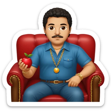 Pablo Escobar sitting on a sofa, with a gold chain, apple style emoji sticker