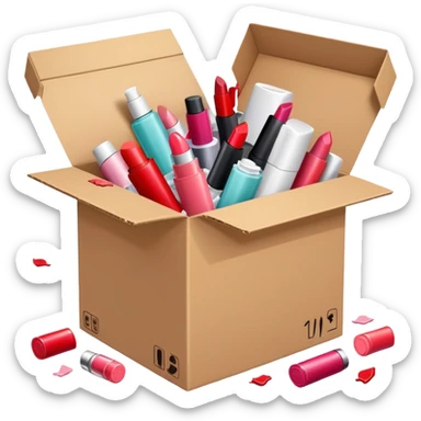 cardboard box bursting open with lipsticks, shampoo, and nail polish scattered everywhere, symbolizing disorganization sticker