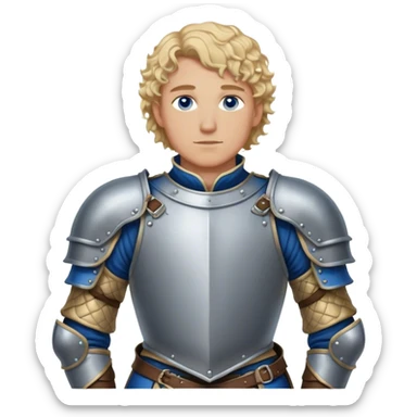 medieval battle armor worn by a DnD themed fantasy character. basic steel breastplate over a padded arming doublet. armor only above the waist. The armor full waist. The character's haven't arms. character is blonde hair blue eyes short curly hair light-skinned man. sticker