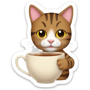 brown Tabby cat holding a cup of tea sticker