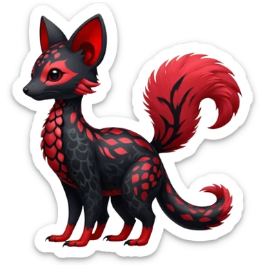 Feral Rare Fantasy shiny soft fuzzy furry vibrant tropical obsidian-black and crimson-red Vernid-Trico-species-creature by LiLaiRa, random markings, tufted tail, tufted ears, full body with markings sticker