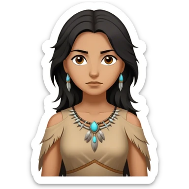 Cinematic Stunning Pocahontas Portrait Emoji, Windswept raven hair flowing behind her, deep brown eyes filled with wisdom and strength, glowing sun-kissed skin, wearing her elegant tan dress, the spirit of the wild in her expression, breathtakingly majestic! sticker