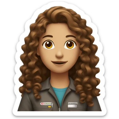 girl mechanic with long brown curly hair holding a differential sticker