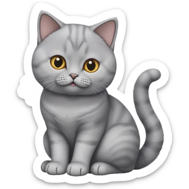 cinematic-[British shorthair cat]-realistic-full-body-sitting-emoji,-tail-curled-playfully-around-its-paws,-head-tilted-dramatically,-fluffy-[grey]-fur,-simplified-yet-hilariously-adorable-features,-highly-detailed,-glowing-with-an-almost-sarcastic-glow sticker