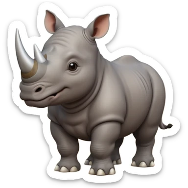 A big 3D cartoon rhino standing on dry ground, thick gray skin, small horn on nose, kind expression, bright daylight and soft shadows, Memoji-style. sticker