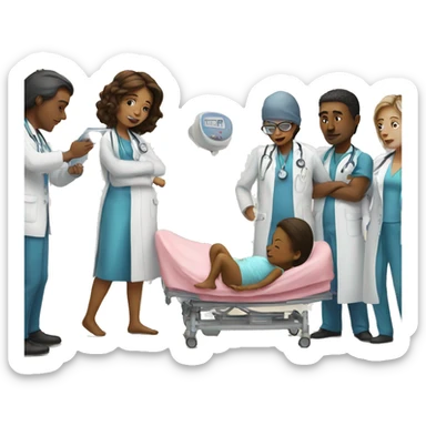 a woman gives birth and doctors stand nearby sticker
