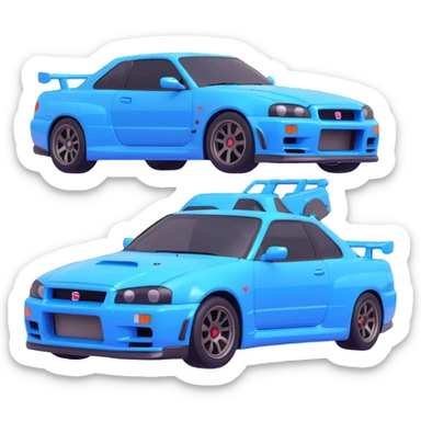 Brian's Nissan Skyline GTR R34 from Fast and Furious, 3D style, chrome body with blue stickers, car alone sticker