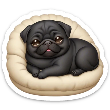 Cinematic Meme-Worthy Chubby Sleeping Black Pug Portrait Emoji, Head resting peacefully with a contented smile, showcasing a delightfully chubby build and a luxuriously soft black coat, eyes shut in a serene nap, Simplified yet hilariously adorable features, highly detailed, glowing with a soft, drowsy light, high shine, relaxed and utterly lovable, stylized with an air of playful laziness, bright and heartwarming, soft glowing outline, capturing the essence of a comically sleepy companion, so meme-worthy it feels like it could instantly become the next viral sensation of adorable slumber! sticker