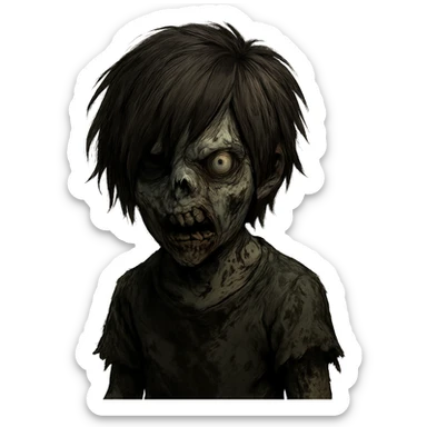 boy zombie with brown shaggy emo hair, medium length, dark and spooky, scary expression sticker