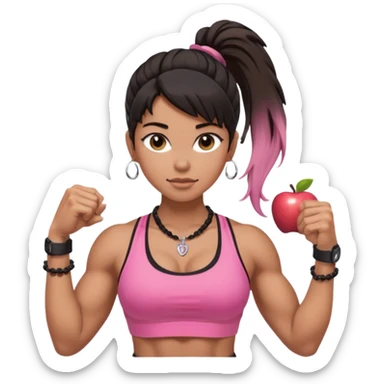 Caramel skinned toned female with a black messy ponytail for hair. Her eyes are a coffee color brown and almond shaped. She’s wearing a pink sports bra and showing off her big muscular toned biceps. She’s not holding anything in her hands but she wears a rosary necklace and an Apple Watch. sticker