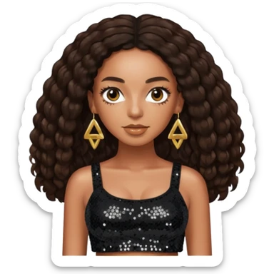 Solange with dark brown long hair, black sequin crop top and skirt sticker