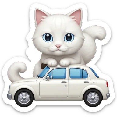 Please create a small emoji the size of 🚗 featuring a pure white cat with stubby tail with blue eyes on a white saloon car viewed from side. Again it is necessary that the emoji must be extremely small, much smaller than a standard sized sticker. sticker