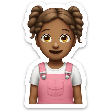 A little girl with brown 2 pigtails with a pink overalls dress smiling sticker
