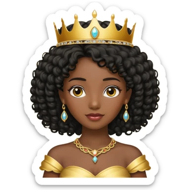 balck princess with black curly hair and a golden tiara sticker