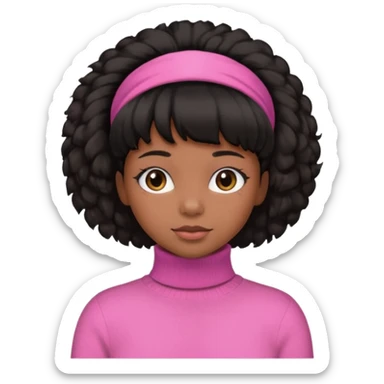 black fluffy haired girl with pink turtleneck sweater and hair band sticker