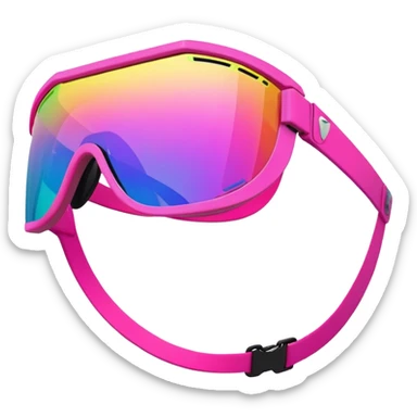 sporty neon pink shield visor sunglasses with chunky frame and integrated secure strap, professional athletic design, futuristic one-piece rainbow mirrored lens sticker