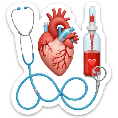 hand holding shape of a loveheart with background of stethescope, heel lancet, baby blood tubes, monitoring cables, baby bottle, cute scrapbooking paper,  sticker