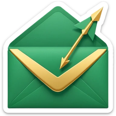 3D minimal envelope icon slightly open with subtle upward arrow coming out, matte finish, deep green (#0B3D2C), gold (#C9B037) arrow accent, Apple style, ultra sleek and clean, soft shadow, transparent background sticker