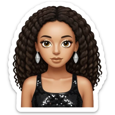 Solange with long dark brown hair, black sequin crop top, black sequin pants sticker